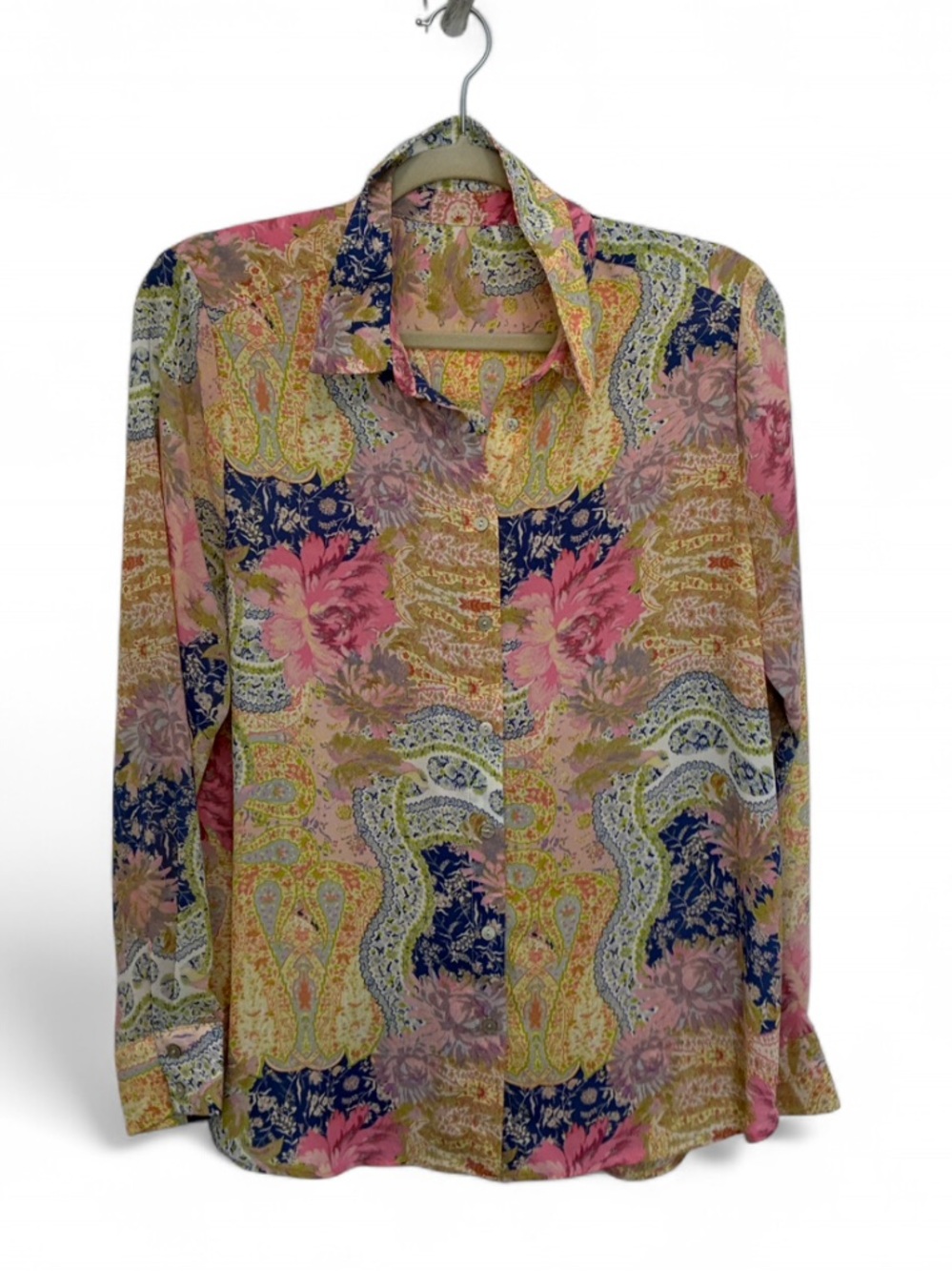 Vintage Floral Paisley Boho Long Sleeve Button-Up Blouse in Pink and Yellow